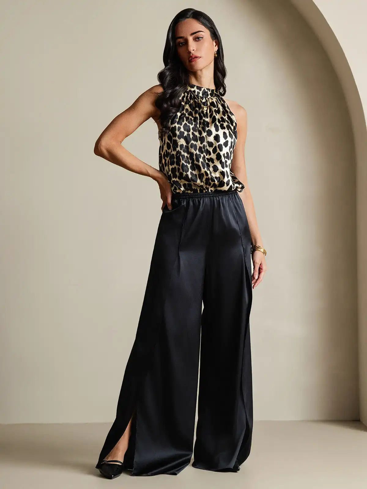 19Momme Silk Leopard Print Sleeveless Halter Neck Women's Top