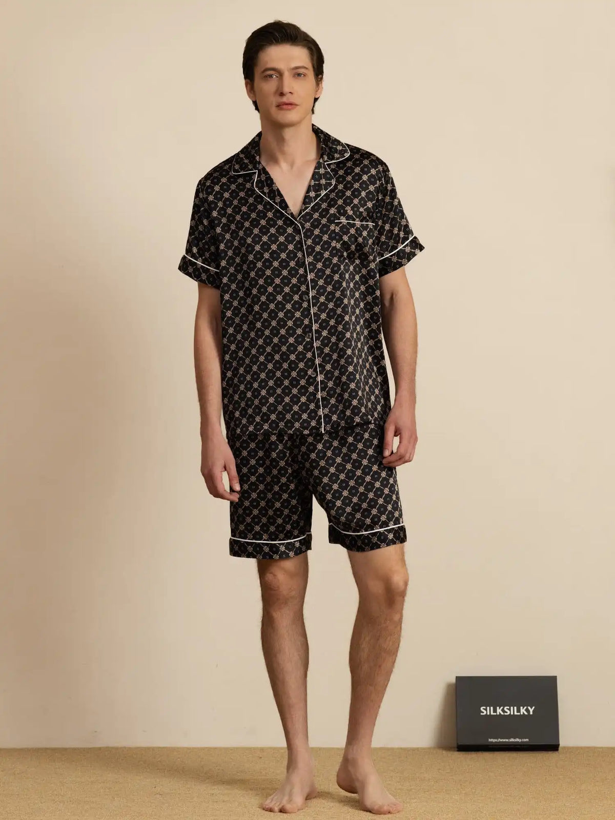 Clearance - 100% Mulberry Silk Short Sleeve Notch Collar Men's Chain Print Pajamas Set with Shorts