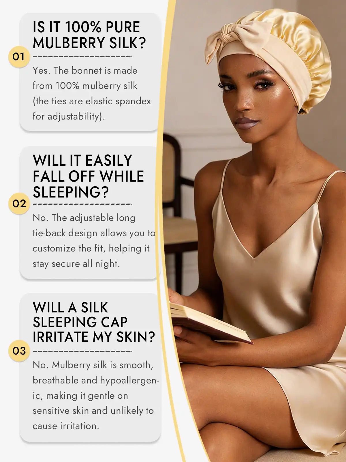 100% Mulberry Silk Bonnet Bowknot Tie Sleep Cap for Hair Protection