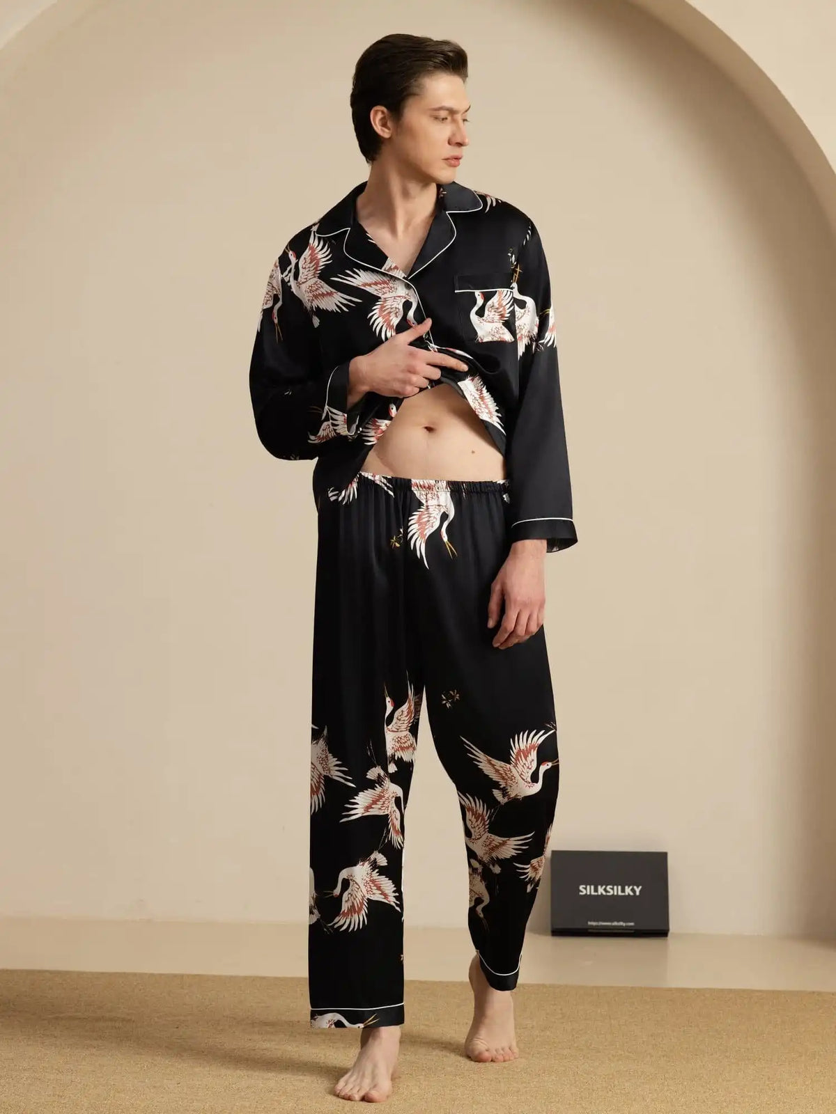 Clearance - 19Momme 100% Mulberry Silk Men's Crane Print Long Sleeve Notch Collar Pajamas Set
