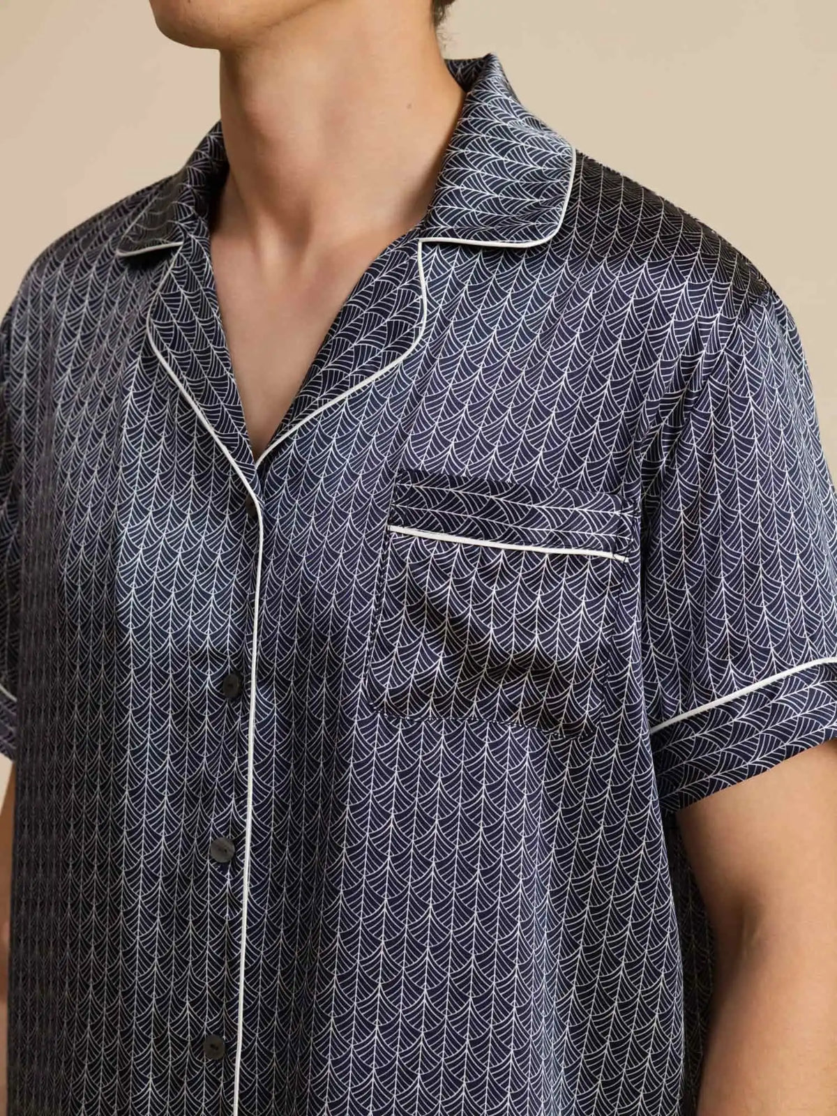 Men's 100% Mulberry Silk Ginkgo Print Short Sleeve Lapel Collar Pajamas Set