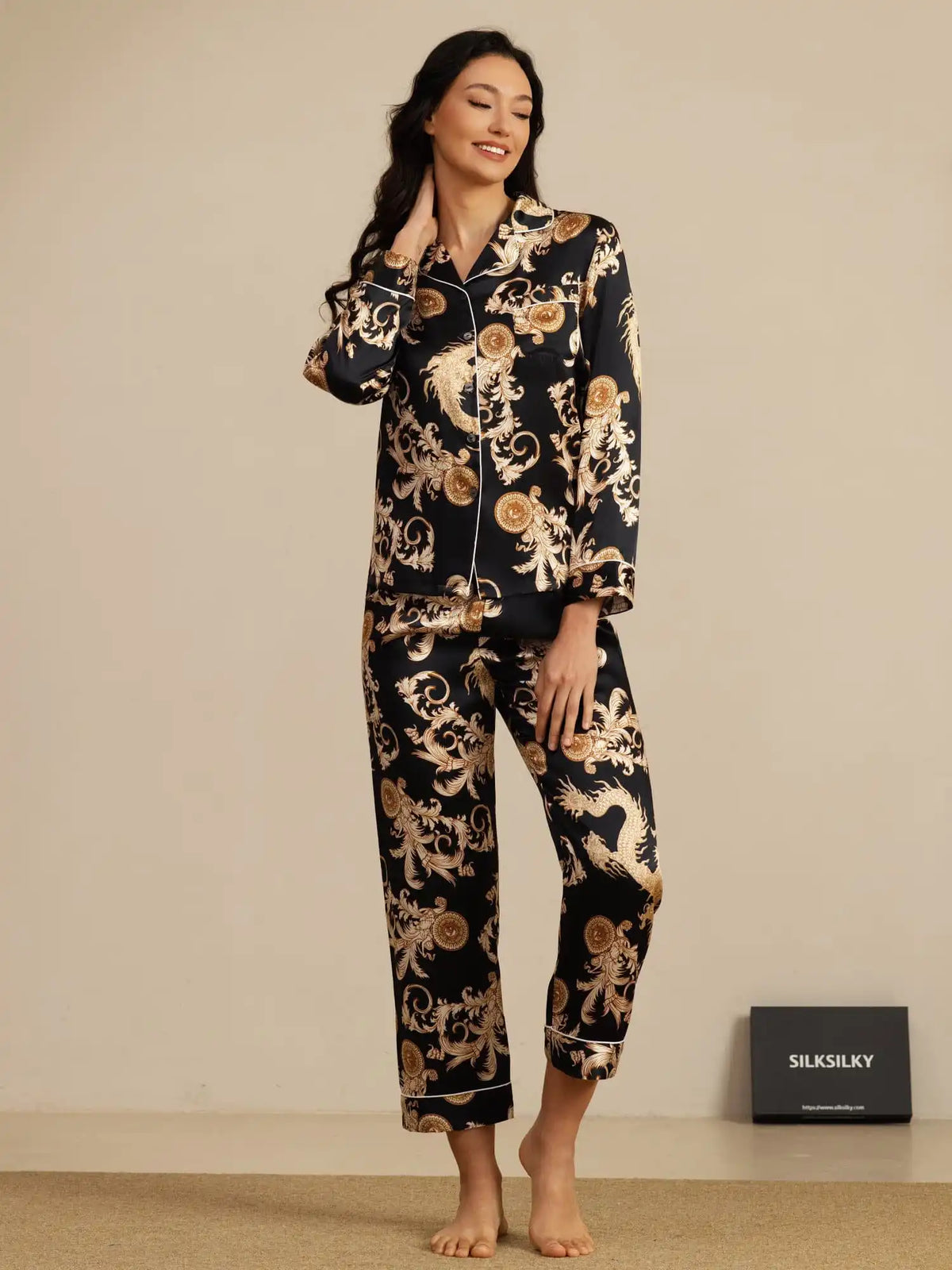 100% Mulberry Silk Dragon Print Long Sleeve Notch Collar Women's Pajamas Set With Pants