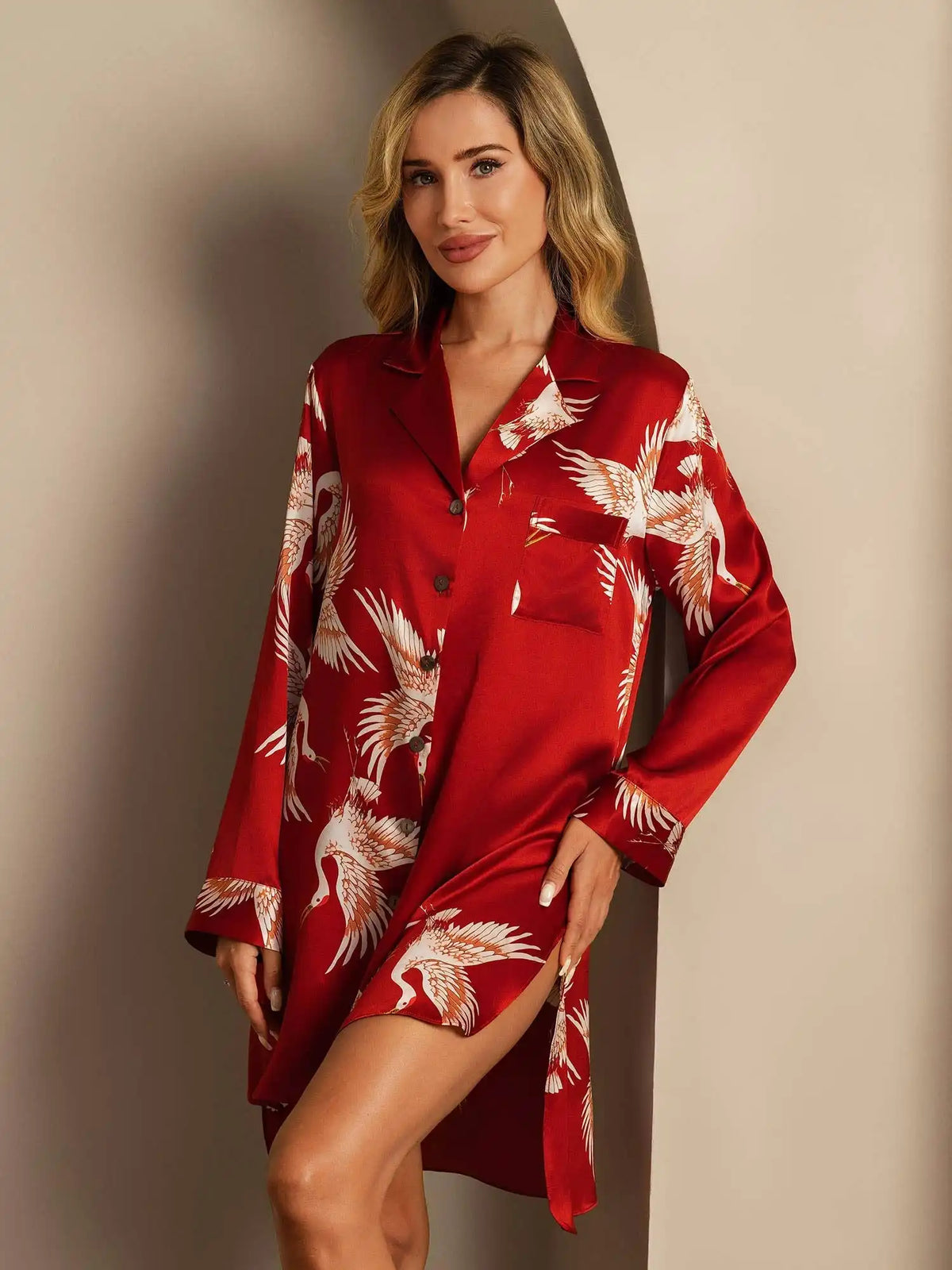 19Momme 100% Mulberry Silk Crane Print Nightshirt with High-Low Hem