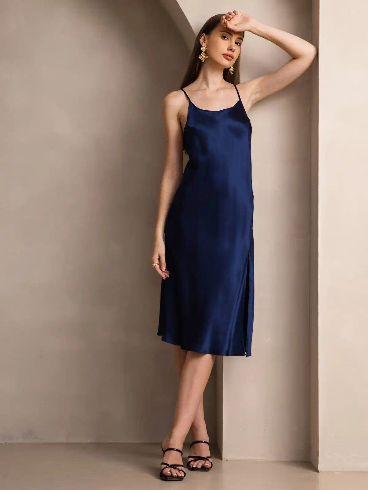 Elegant 100% Mulberry Silk Cross Backless Midi Dress with Side Slit