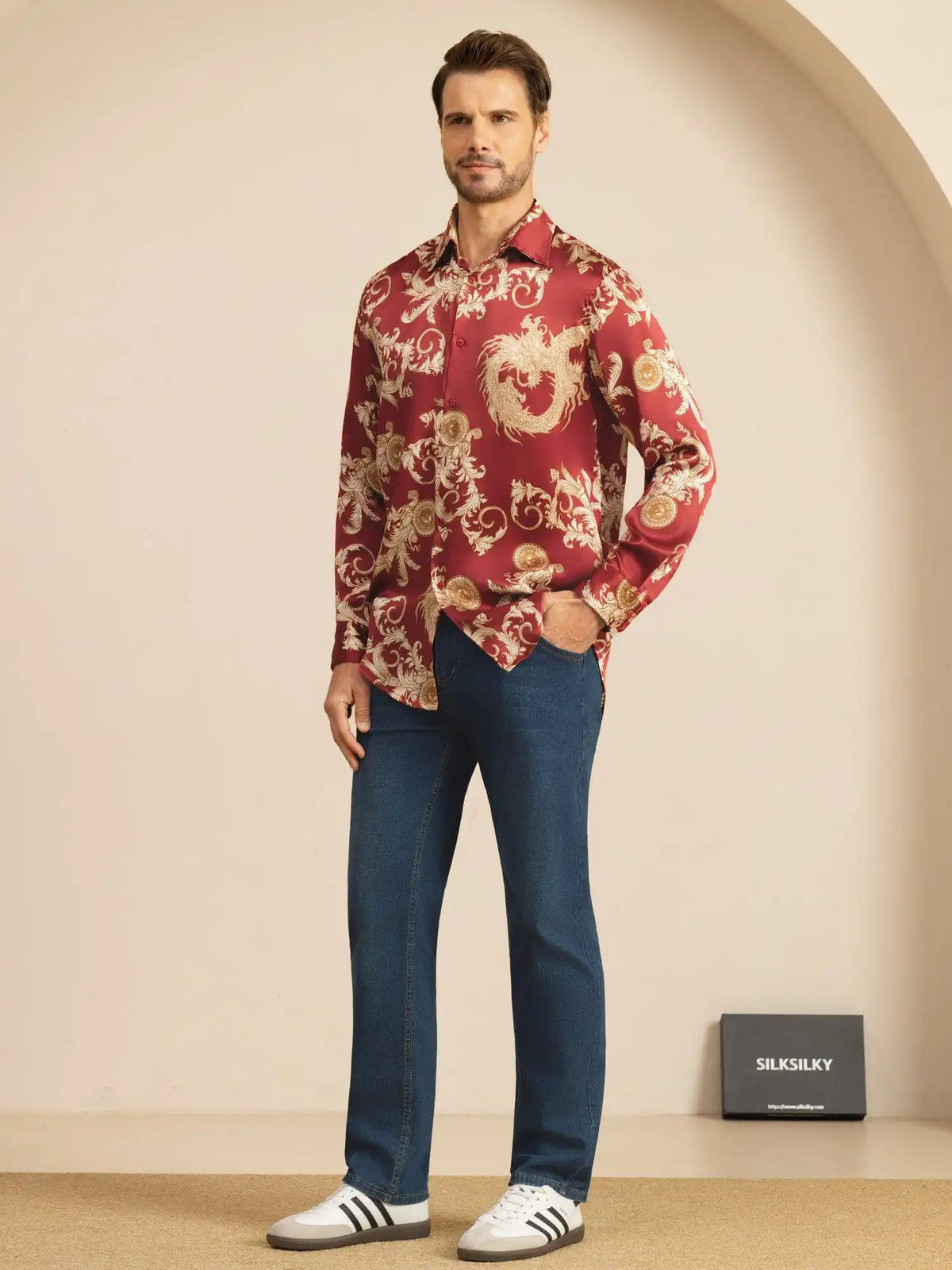 Pure Silk Men's Long Sleeve Lapel Collar Dragon Print Shirt