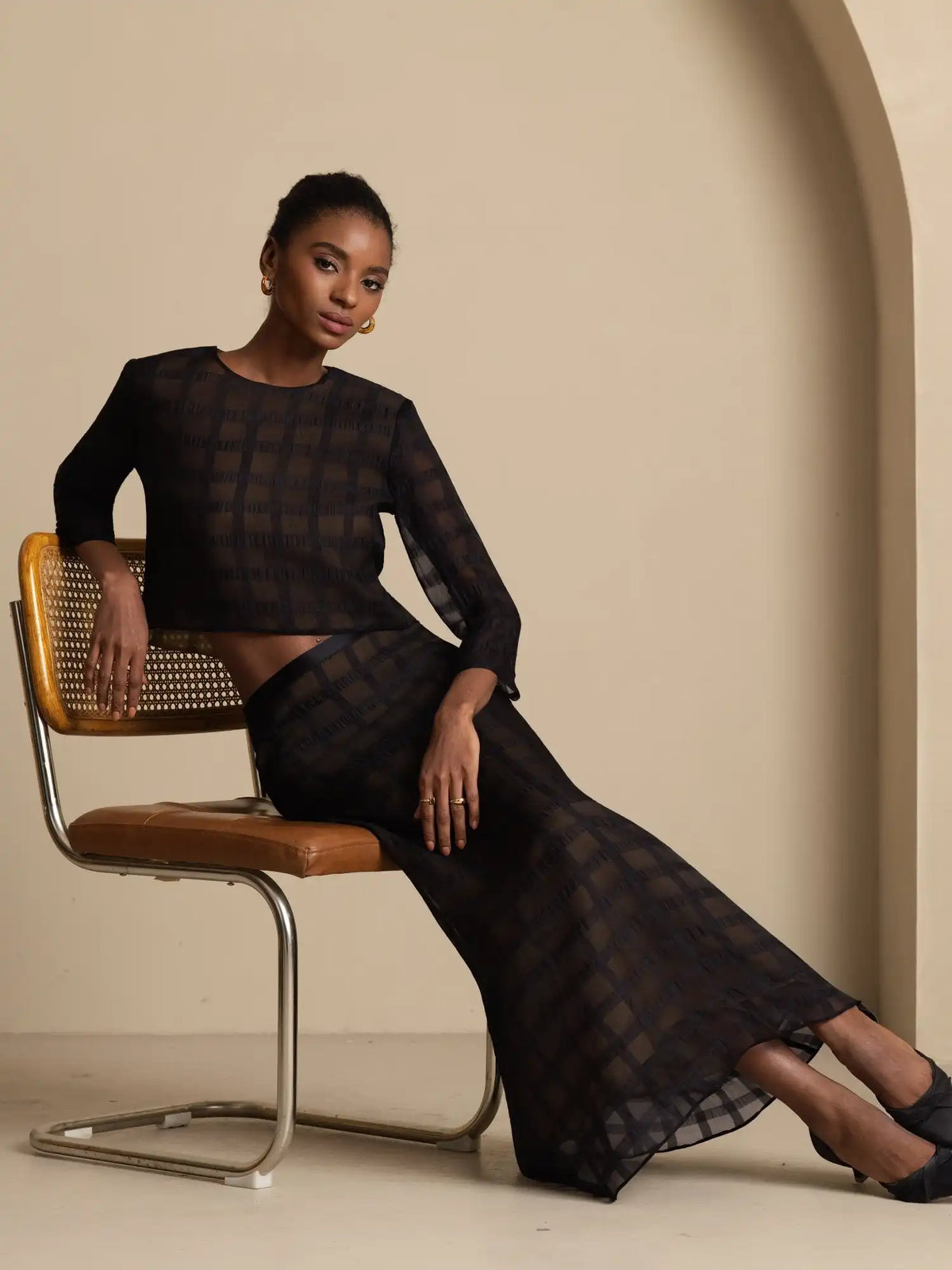 Clearance - 100% Mulberry Silk High-Waist A-Line Textured Grid Long Skirt With Back Zipper