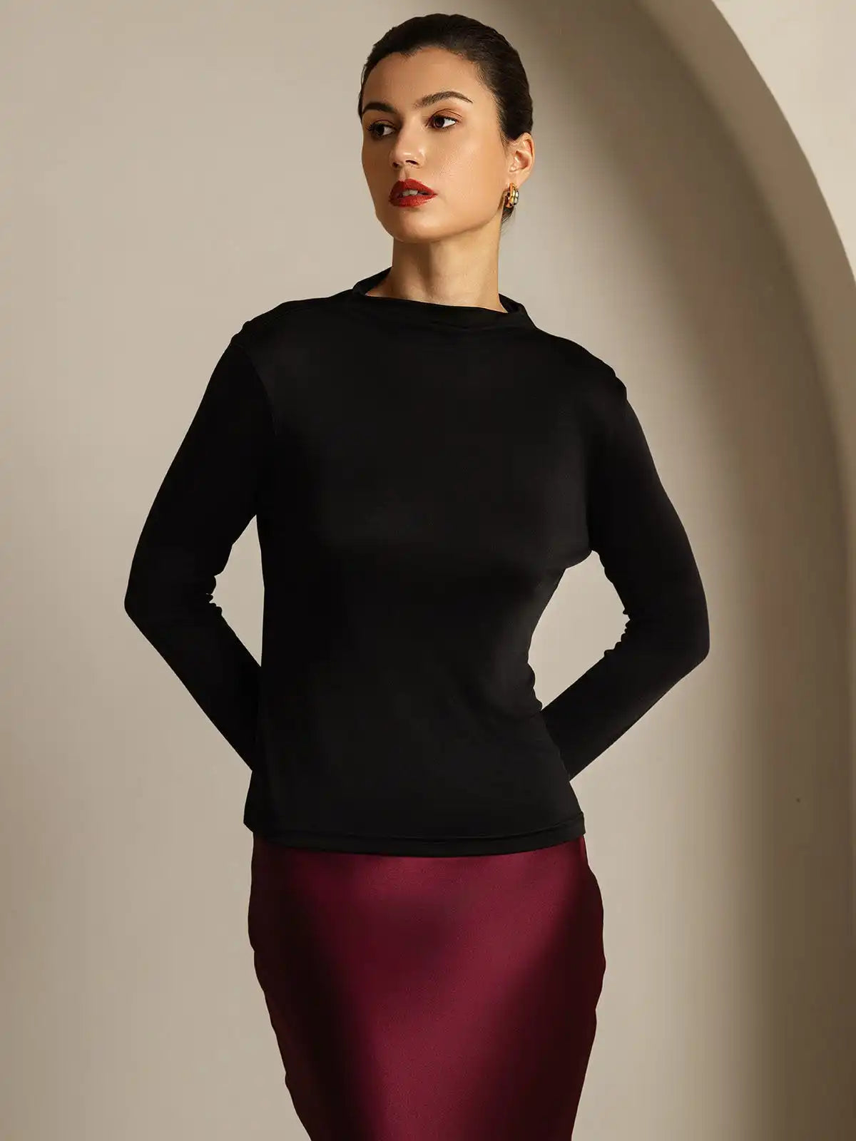 Women's 100% Mulberry Silk Long Sleeve Mock Top