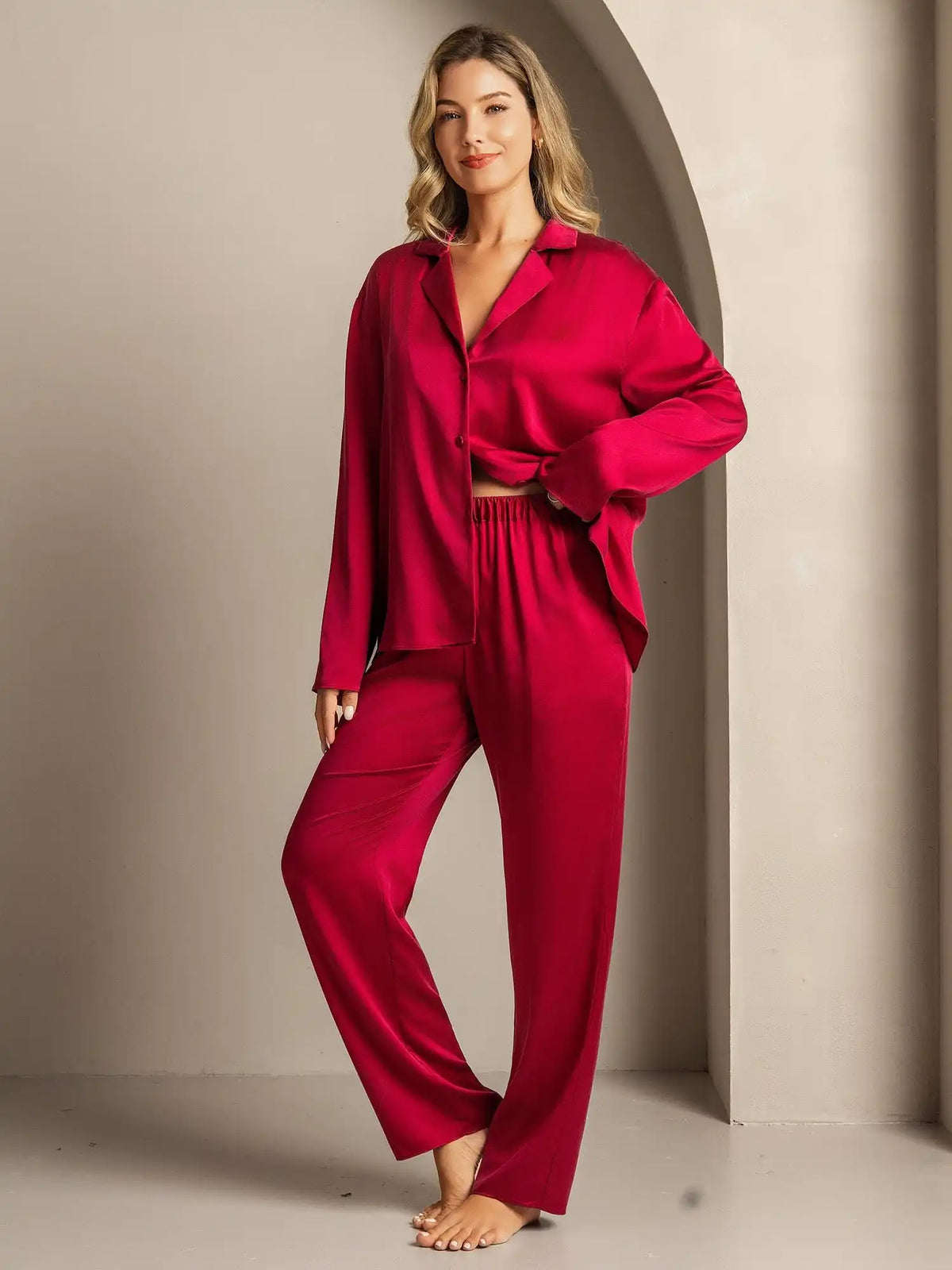 Clearance - 19Momme Washable Silk Long Sleeve Notch Collar Women's Pajamas Set