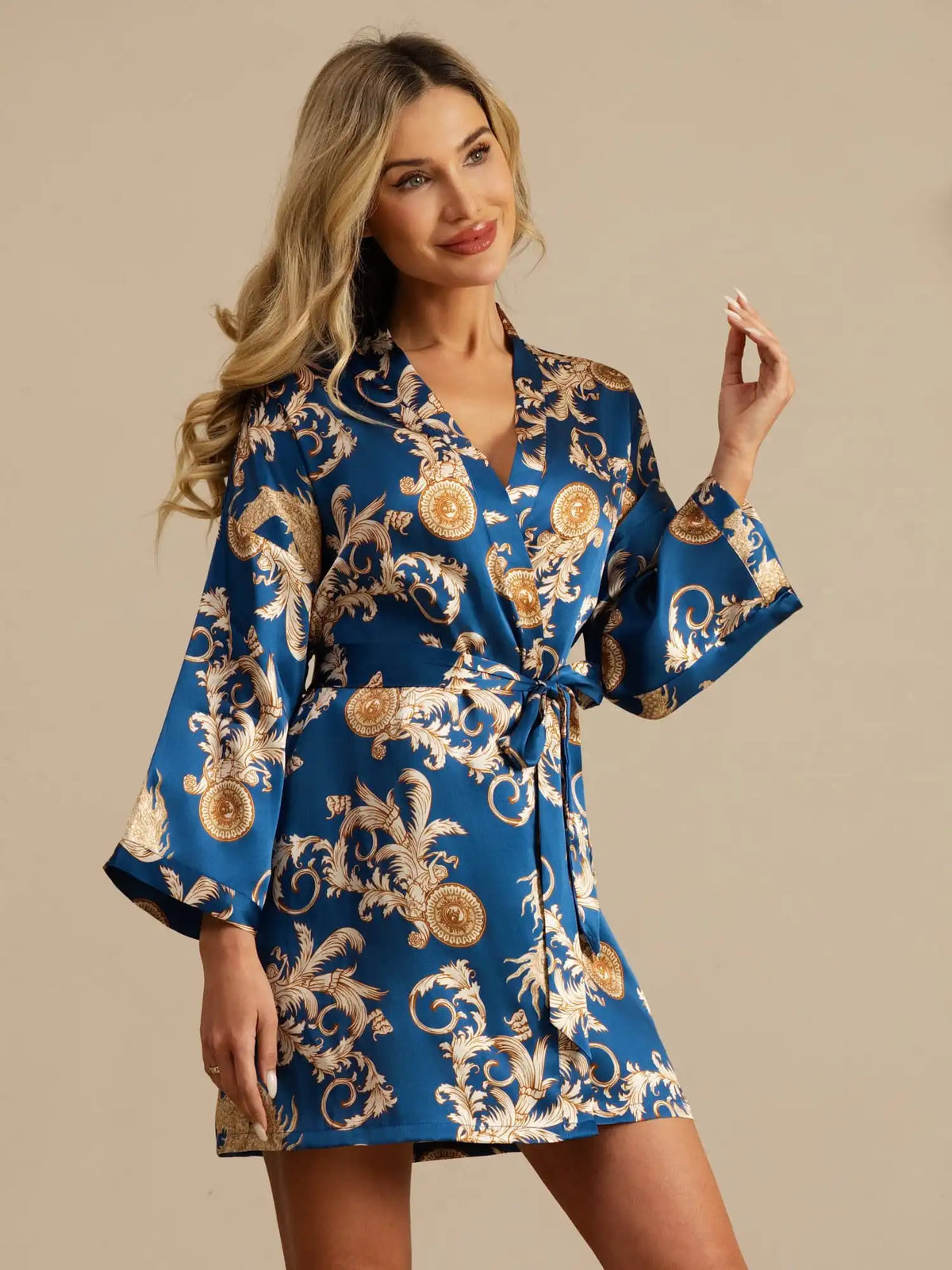 100% Mulberry Silk Dragon Print 3/4 Sleeve Women's Kimono Robe With Belt