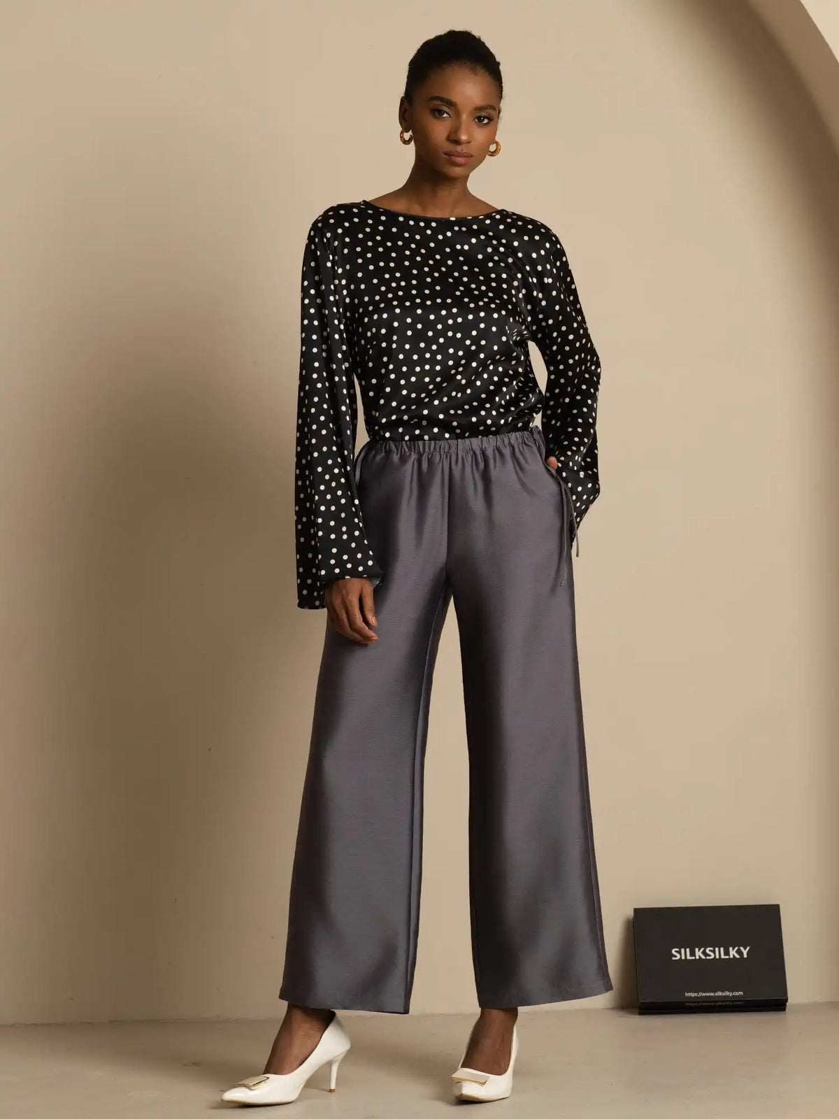 19Momme Women's Silk Polka Dot Print Bell Sleeve Boat Neck Top