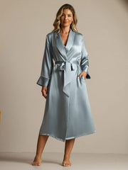 100% Mulberry Silk Belted Women's Long Lapel Robe with Pocket Design