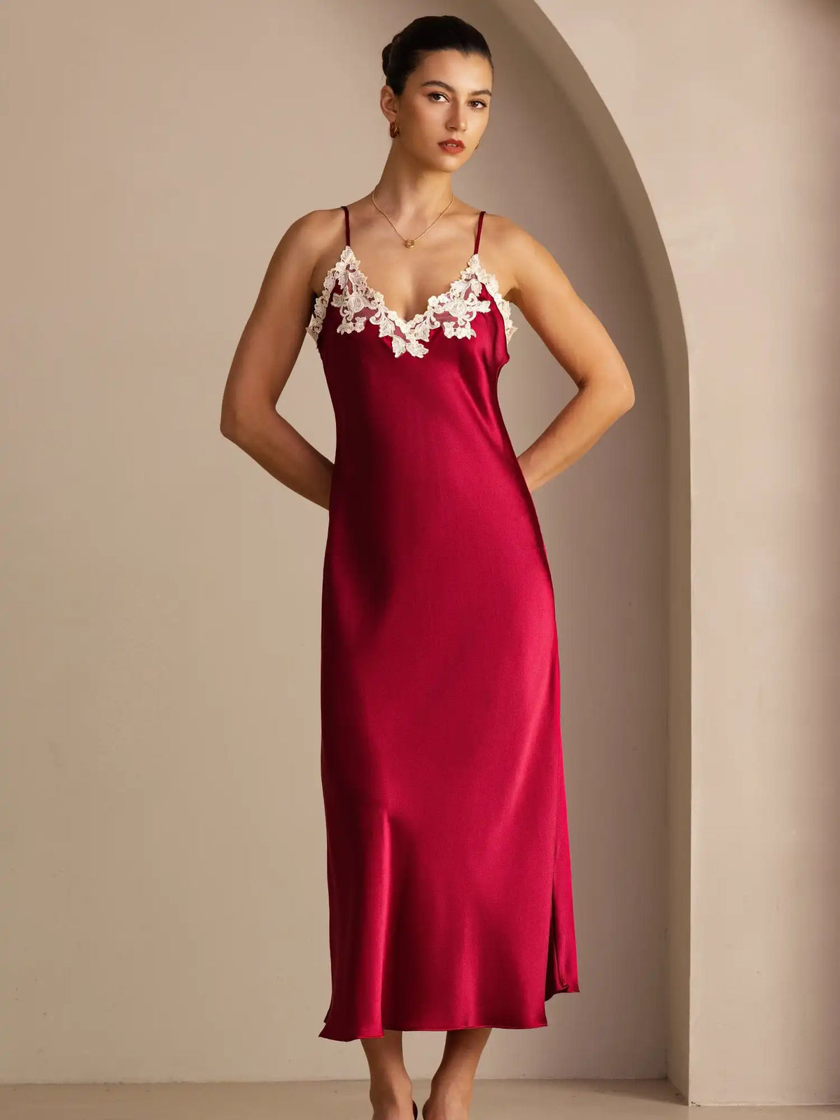 100% Mulberry Silk Spaghetti Strap V Neck Midi Dress with Lace V-Back Design