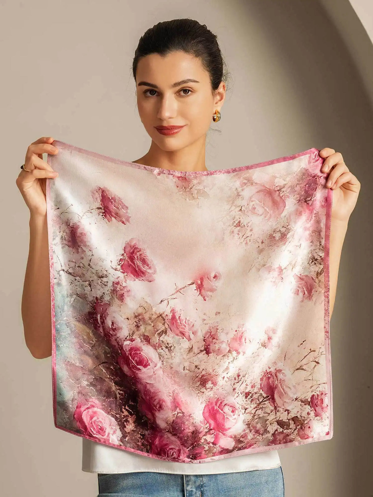 100% Mulberry Silk Rose Pattern Square Scarf - Size 53x53cm