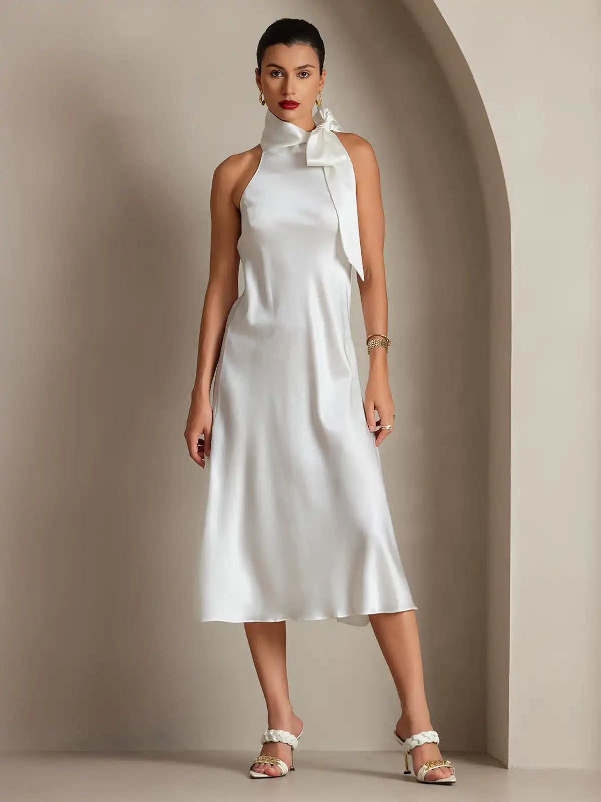 Clearance - 19Momme Silk Sleeveless Tie Neck Midi Dress