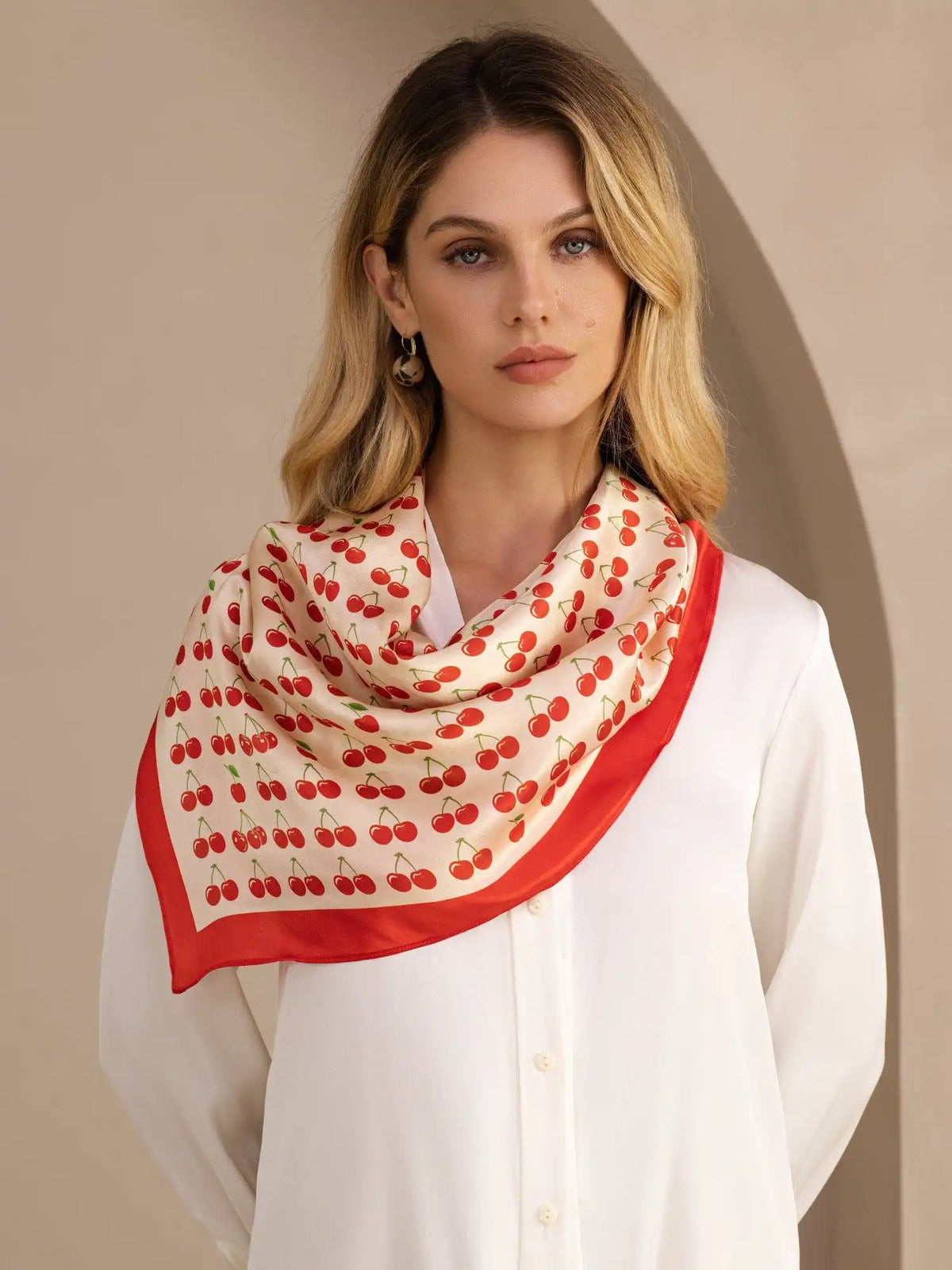 100% Mulberry Silk Cherry Pattern Scarf - Size 90x90cm