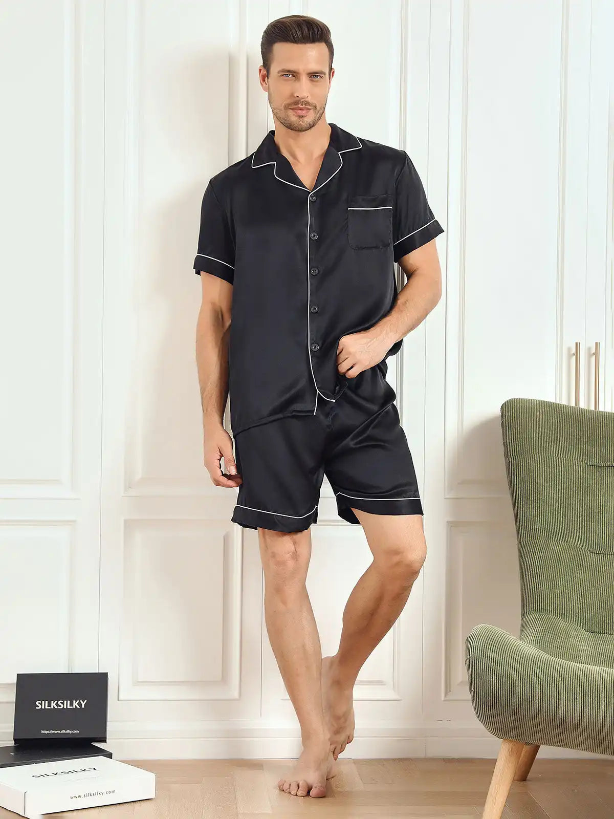100% Mulberry Silk Short Sleeve Notch Collar Men's Pajamas Set with Shorts