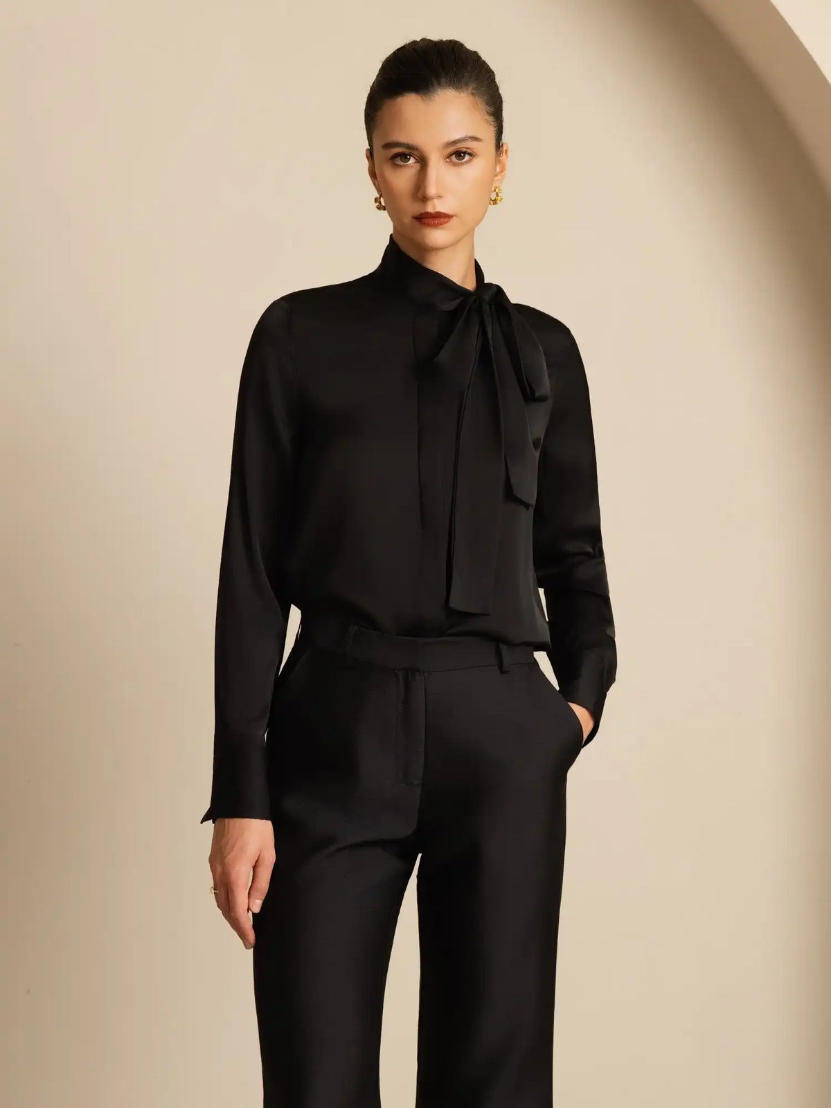 19Momme Silk Women's Tie Neck Long Sleeve Blouse