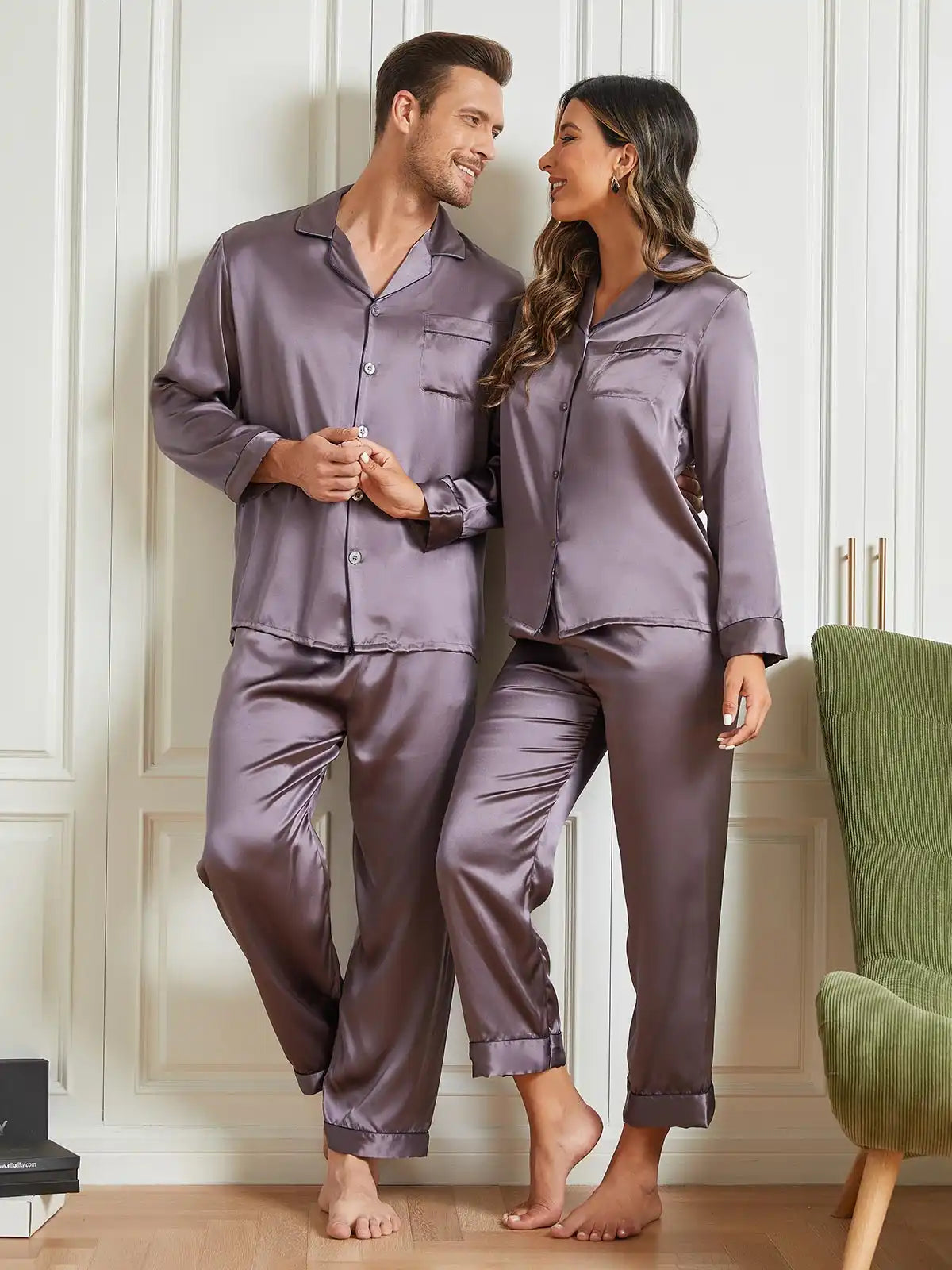 Couple 100% Mulberry Silk Long Pajamas Matching Set Total 4Pcs