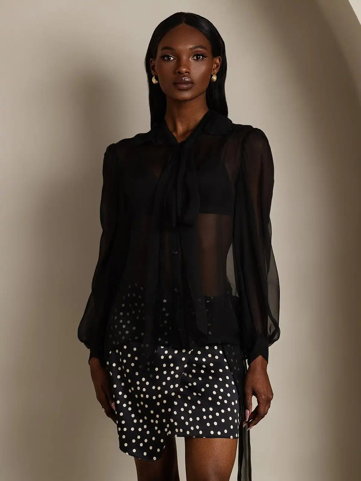 Clearance - Pure Silk Chiffon Women's Lantern Sleeve Tie Neck Sheer Blouse