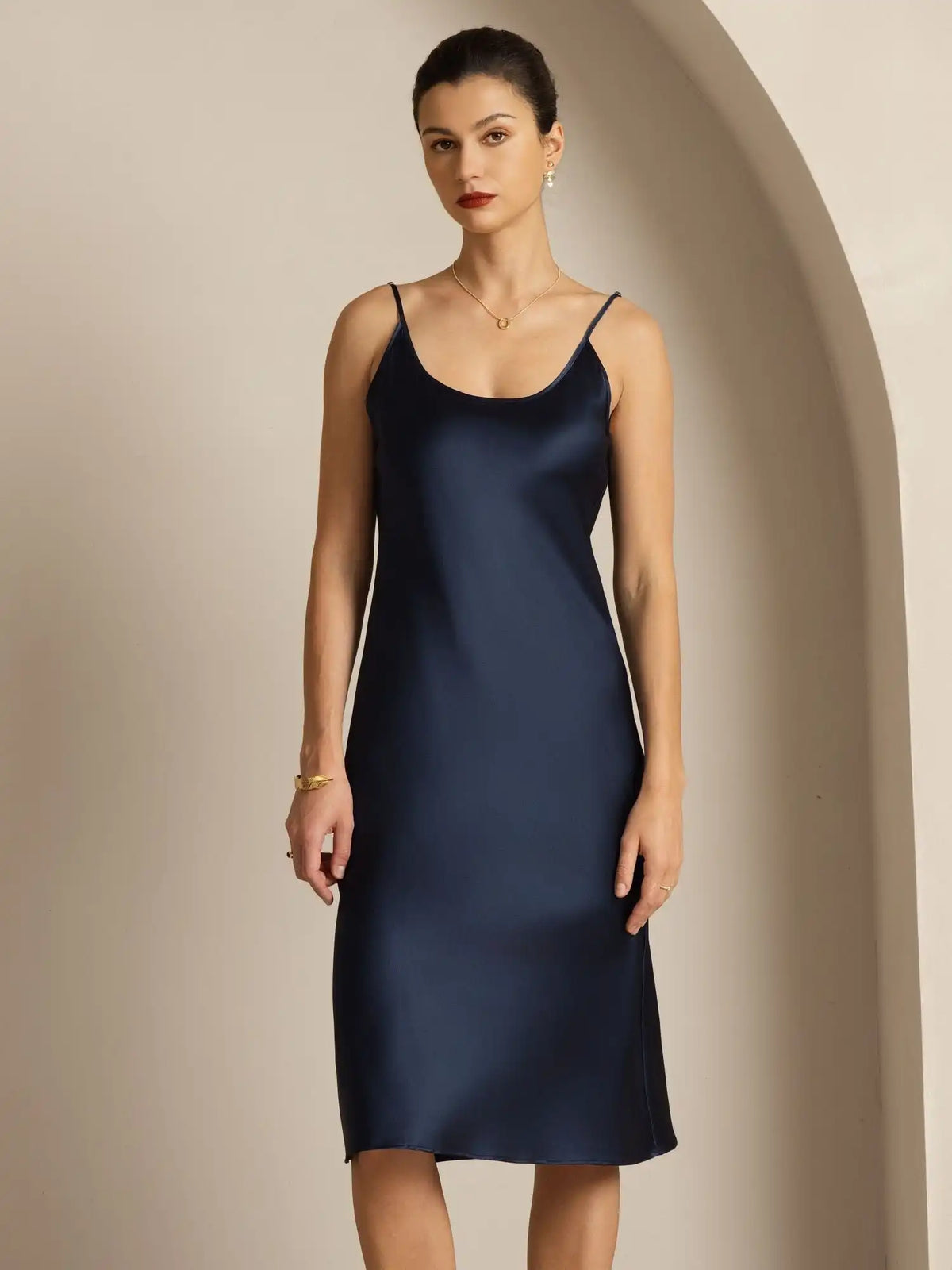 19Momme Silk Scoop Neck Backless Spaghetti Strap Midi Dress