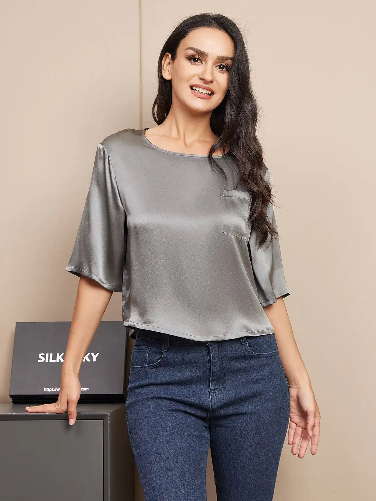 100% Mulberry Silk Women's Blouse Short Sleeve Boxy Crop Top