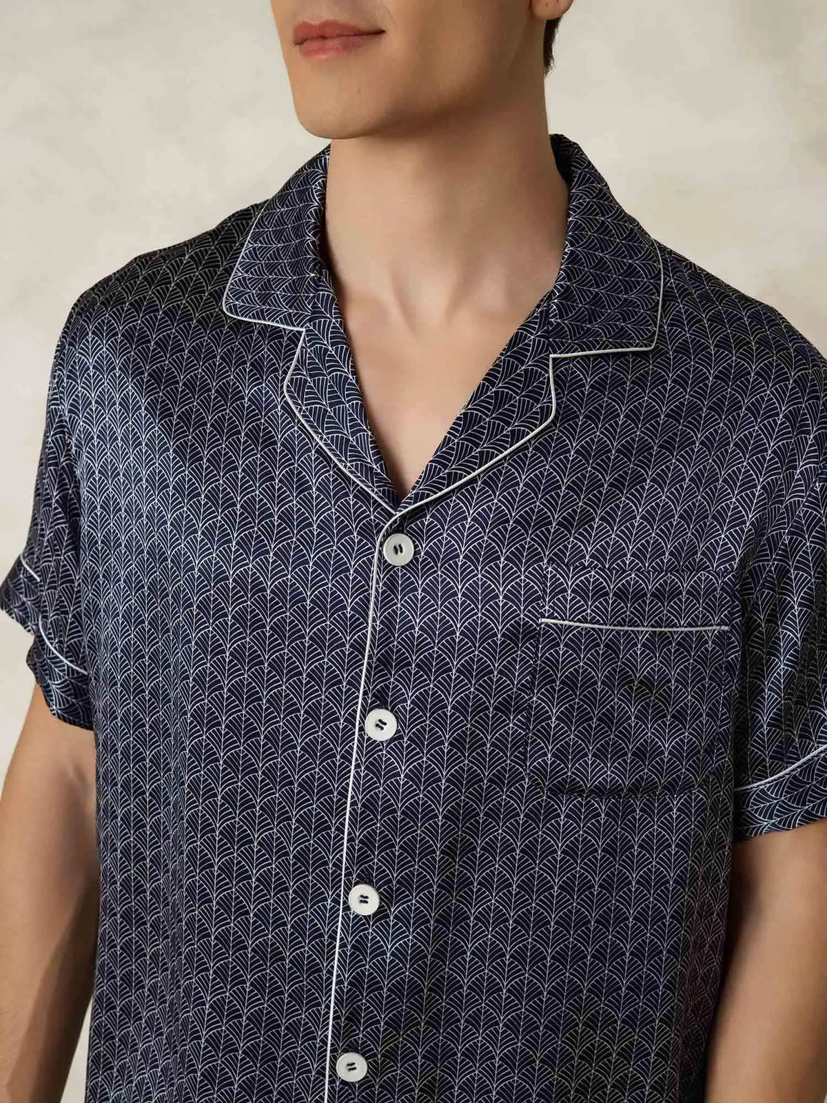 Clearance - Men's Pure Silk Navy Ginkgo Print Short Sleeve Pajamas Set with Pants