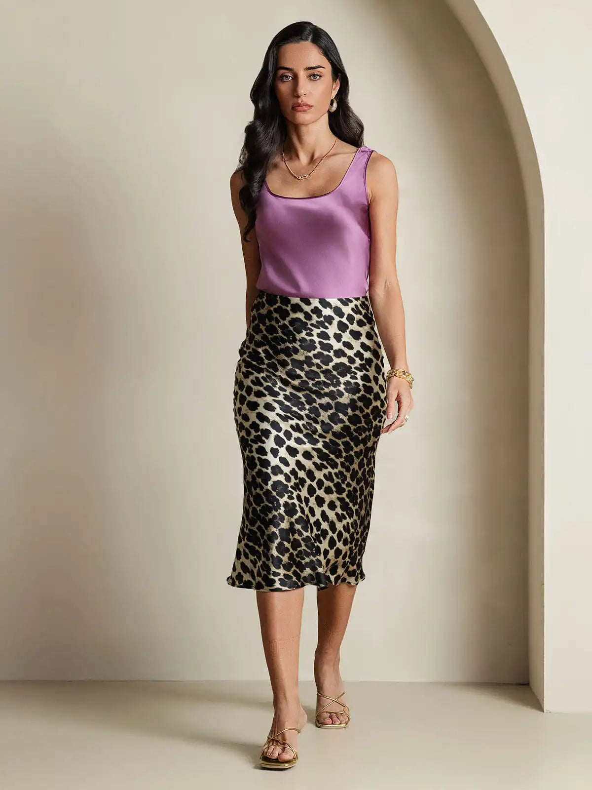 19Momme 100% Mulberry Silk Leopard Print Stretch Straight Long Skirt
