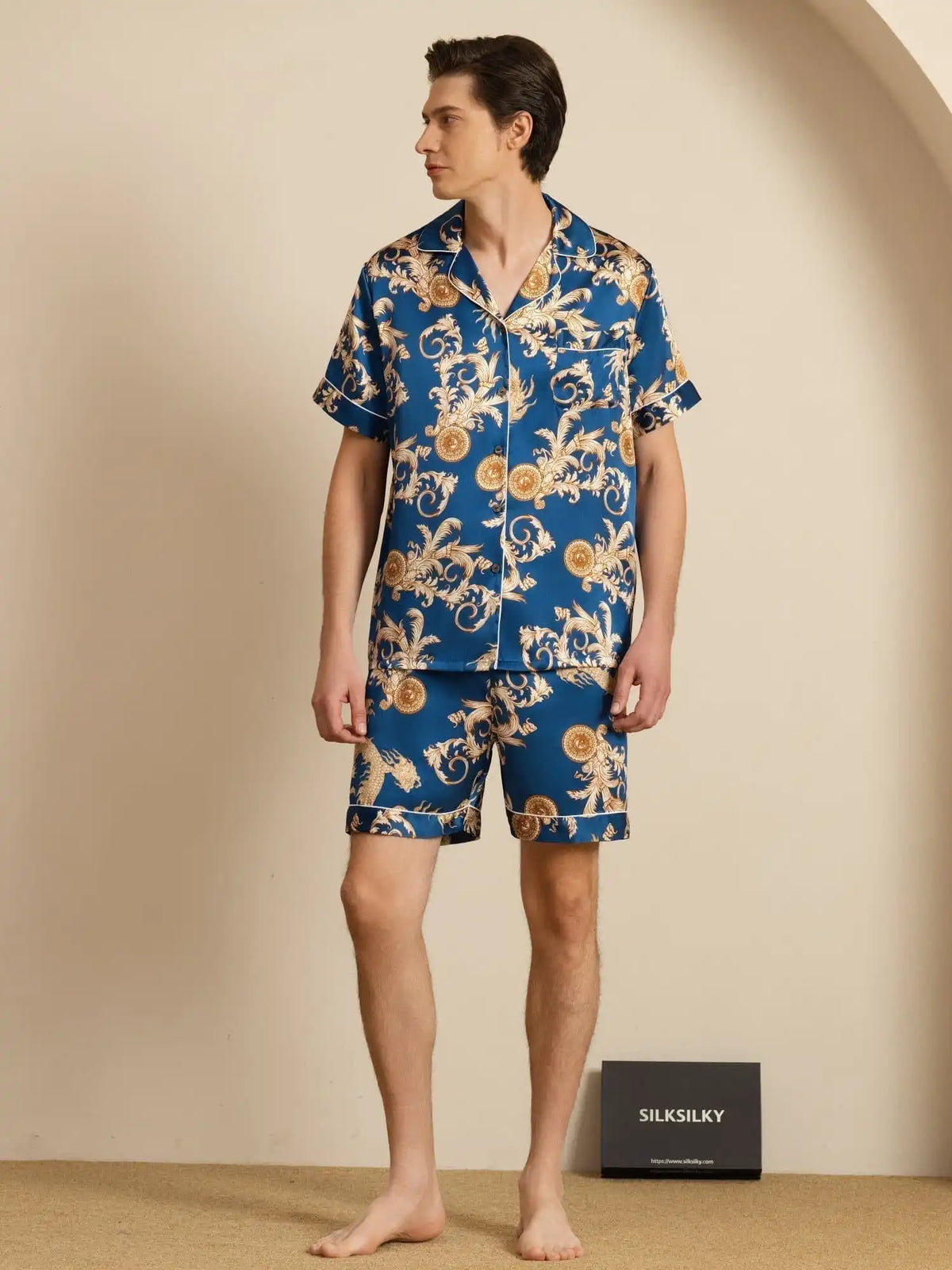 100% Mulberry Silk Men's Dragon Print Short Sleeve Lapel Collar Pajamas Set