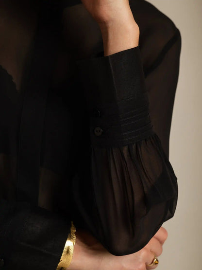 100% Mulberry Silk Long Sleeve Split Sheer Blouse