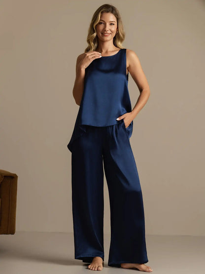 100% Mulberry Silk Sleeveless U-Neck Backless High-low Tank Top & Wide Leg Pants Set