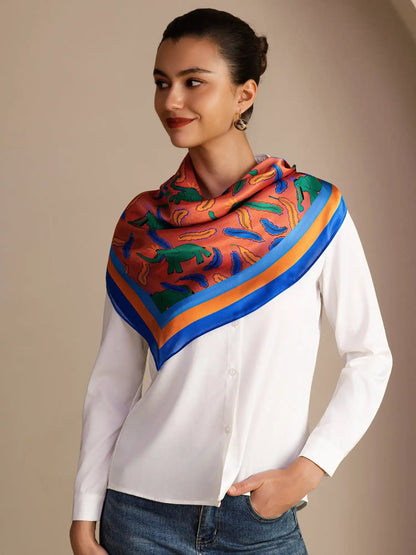 100% Mulberry Silk  Elephant Pattern Scarf - Size 90x90cm