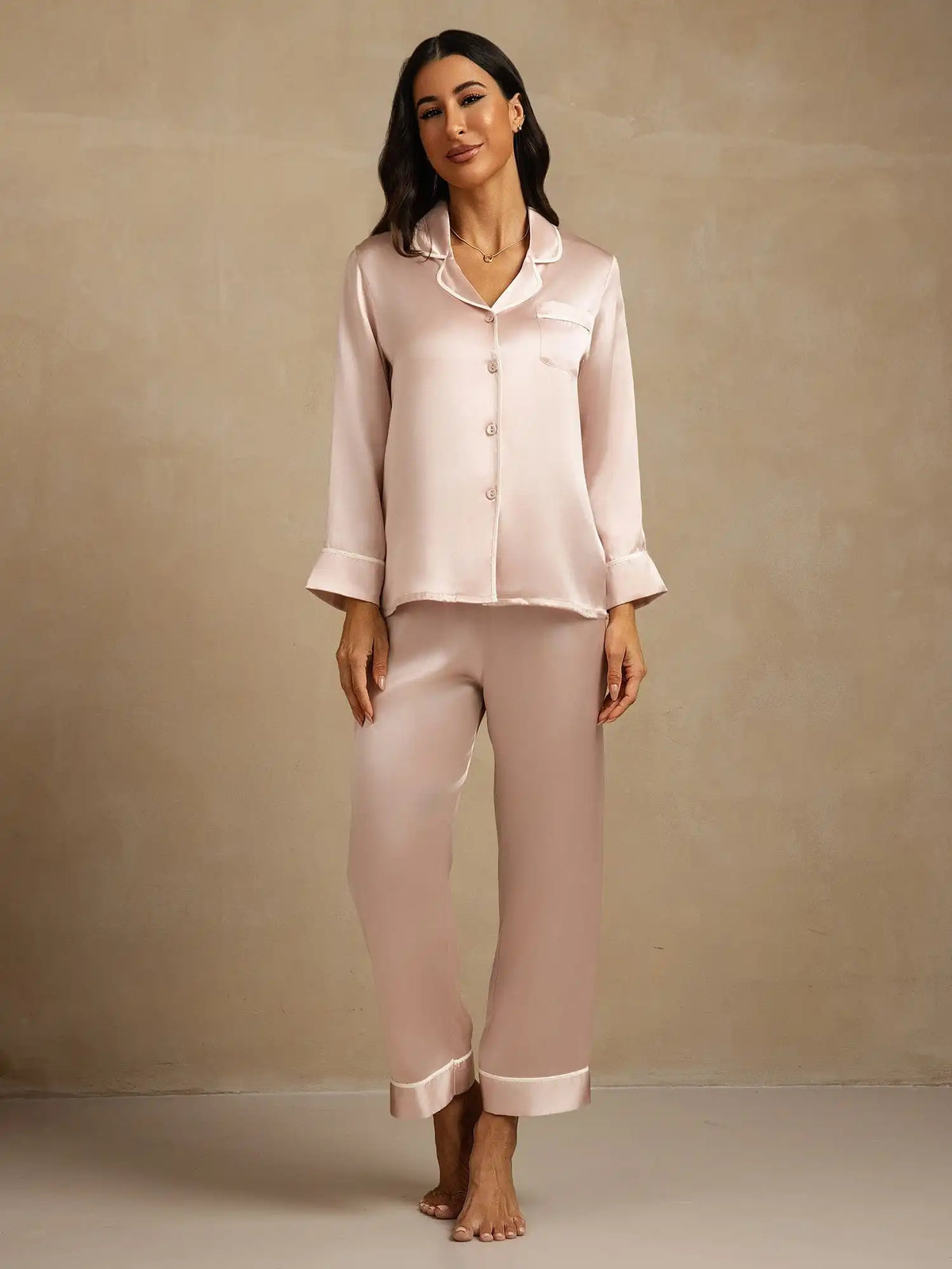 100% Mulberry Silk Classic Long Sleeve Pajama Set with Contrast Piping