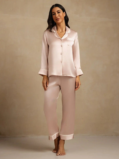 100% Mulberry Silk Classic Long Sleeve Pajama Set with Contrast Piping
