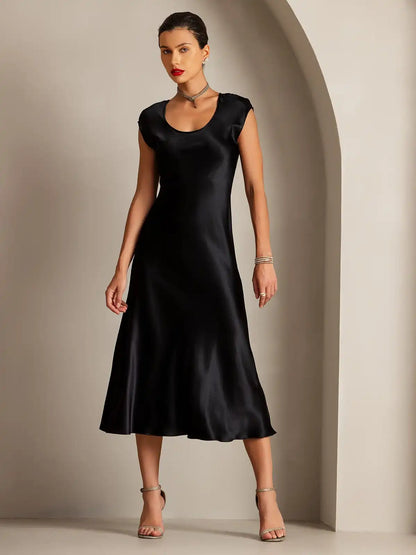19Momme Silk Cap Sleeve Round Neck Midi Dress