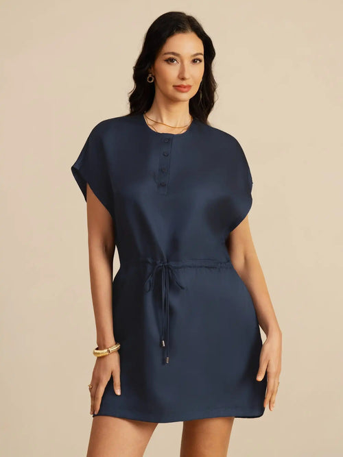 Clearance - 100% Mulberry Silk Henley Neck Cap Sleeve Short Dress With Drawstring