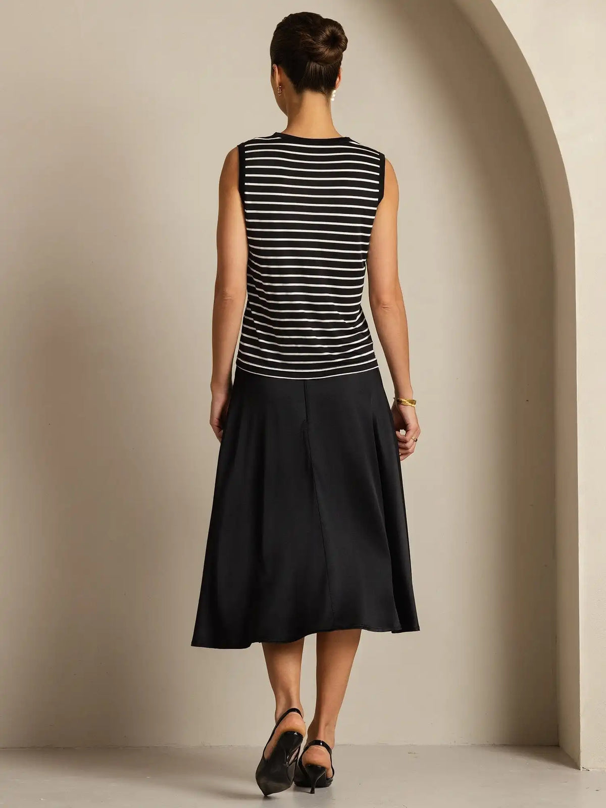 Women's 100% Mulberry Silk Round Neck Casual Stripe Print Tank Top