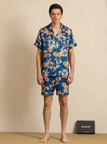 100% Mulberry Silk Men's Dragon Print  Short Sleeve Lapel Collar Pajamas Set