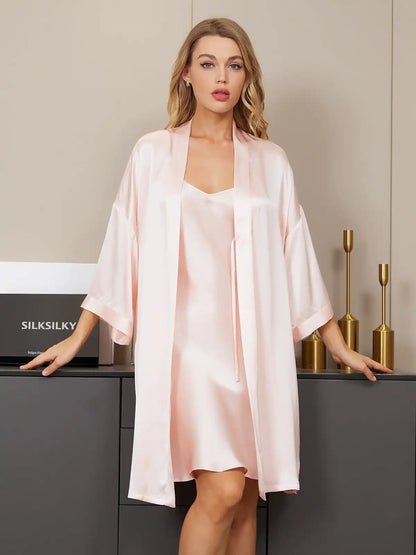 100% Mulberry Silk Kimono Robe & V‑Neck Nightgown Set