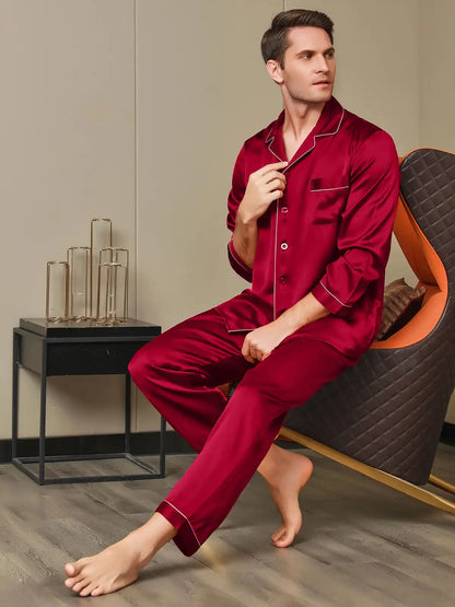 100% Mulberry Silk Long Sleeve Notch Collar Men's Pajamas Set with Button Up Design