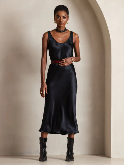 100% Mulberry Silk Sleeveless U Neck Midi Long Dress