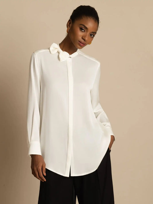Clearance - 19Momme Silk Women's Long Sleeve Stand Collar Bow Blouse