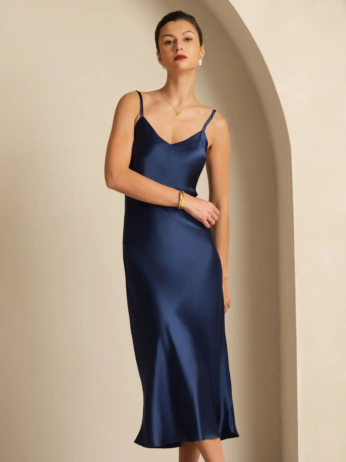Pure Silk  V Neck Backless Spaghetti Strap Long Dress