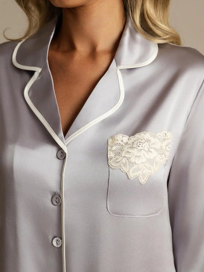 100% Mulberry Silk Button Up Nightshirt with Lace Design