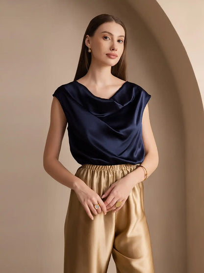 19Momme Silk Cap Sleeve Cowl Neck Women's Top
