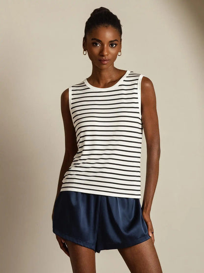 Women's 100% Mulberry Silk Round Neck Casual Stripe Print Tank Top