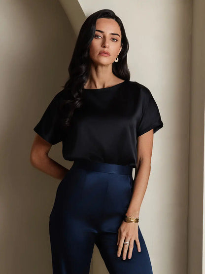 19Momme Silk Short Sleeve Boat Neck Cuffed Sleeve Women's T-Shirt
