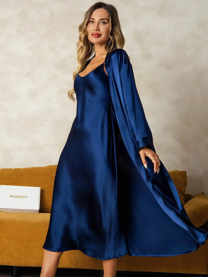 100% Mulberry Silk V-Neck Midi Nightgown & Robe Set 2Pcs