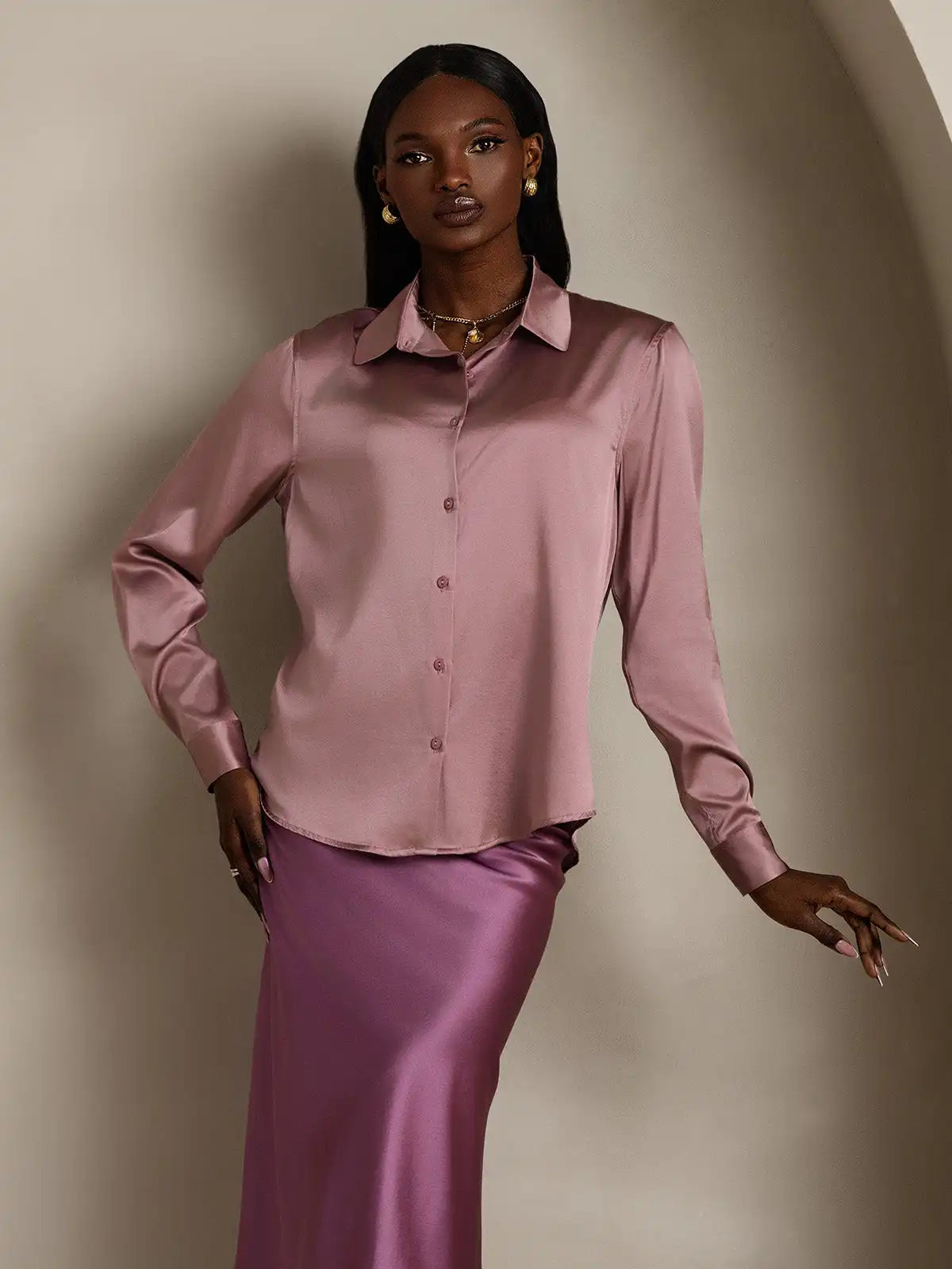 19Momme Silk Long Sleeve Lapel Collar Women's Shirt with Button Up Design