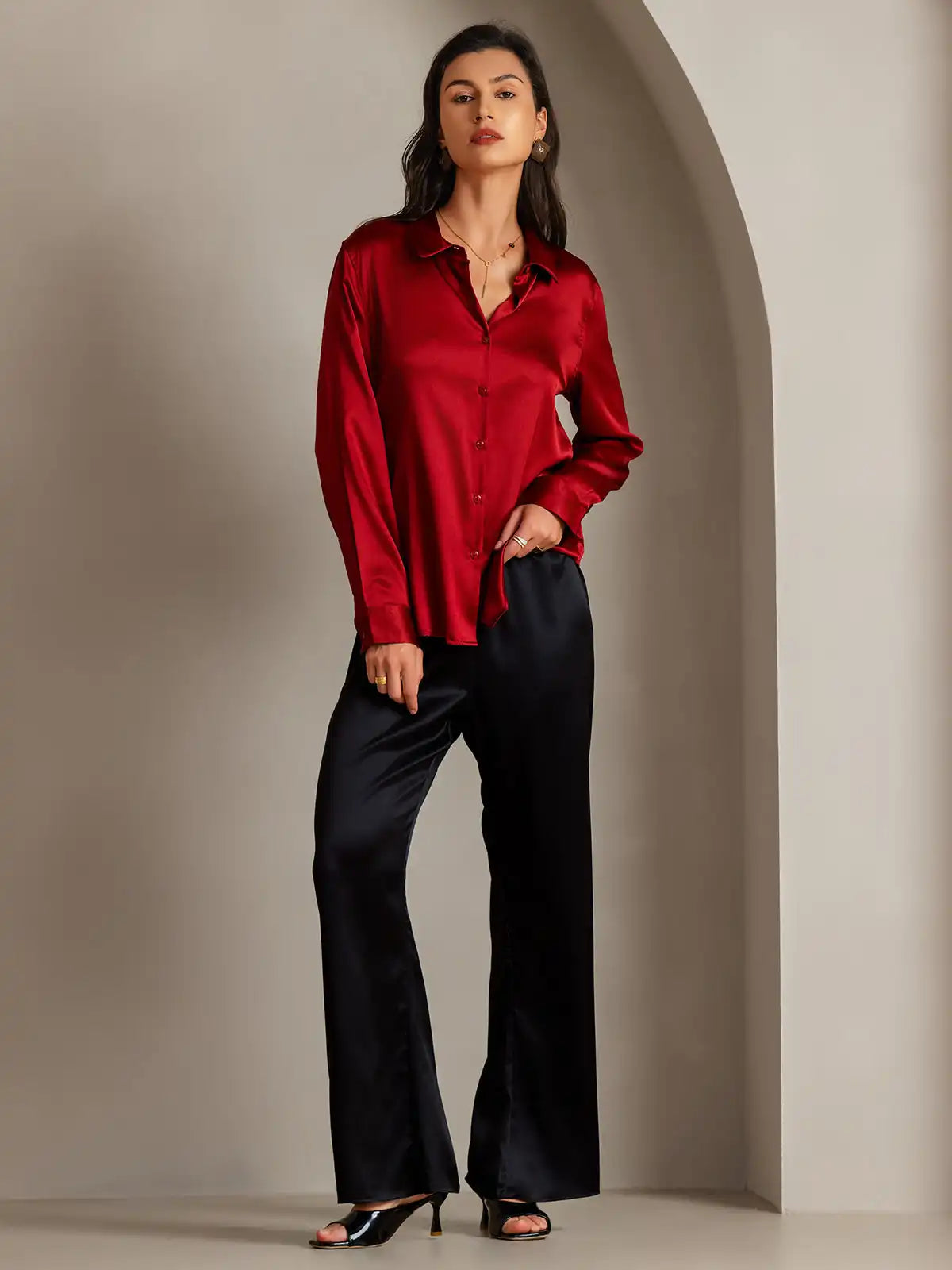 19Momme Silk Long Sleeve Lapel Collar Women's Shirt
