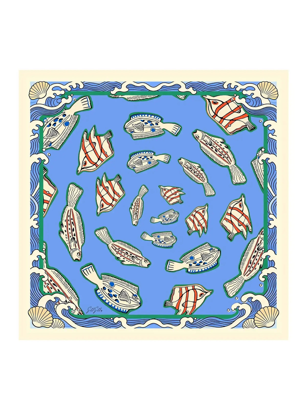 100% Mulberry Silk Fish Pattern Scarf - Size 90x90cm